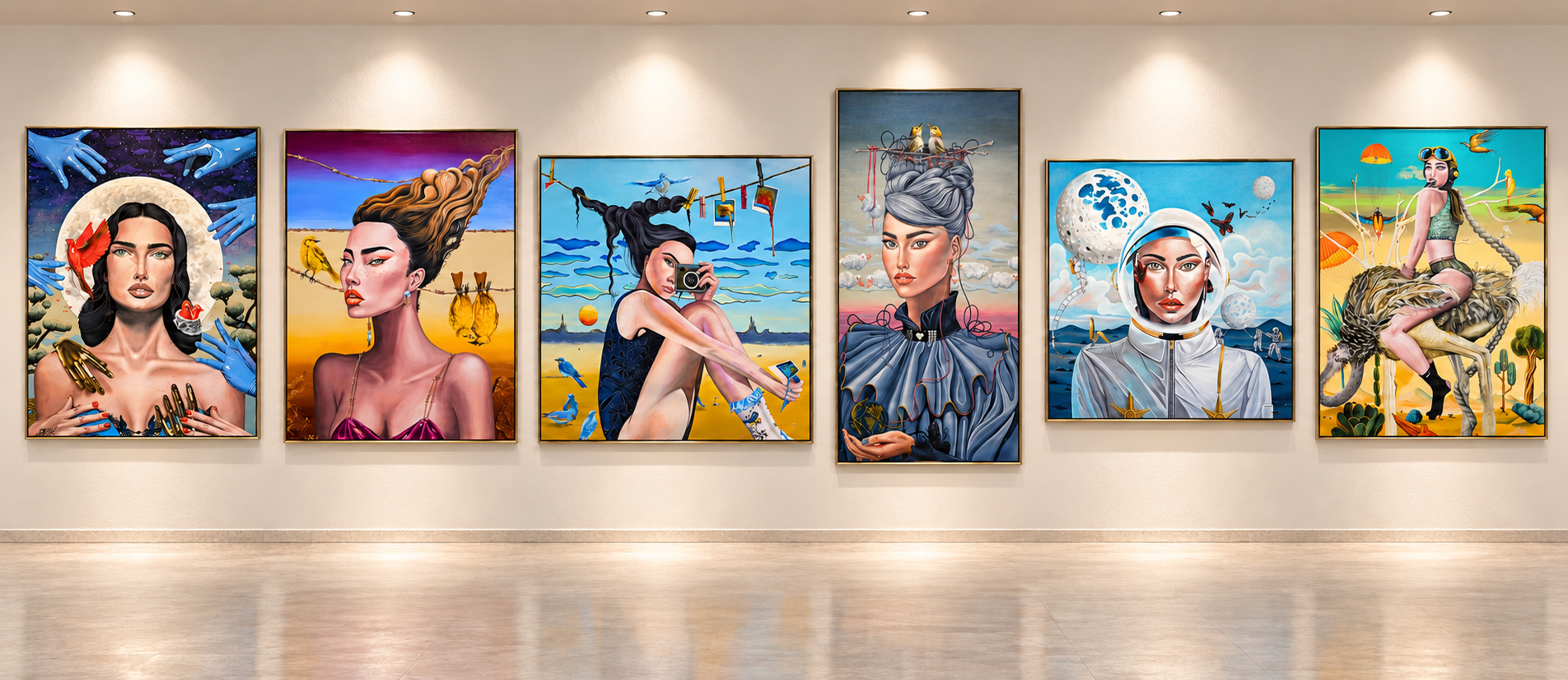 An imagined gallery displaying six paintings by contemporary artist Ledy Zeqo in separate wall spaces